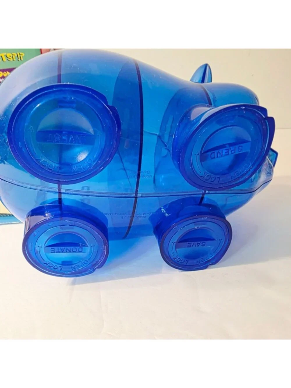 Money Savvy Pig Plastic Piggy Bank Blue Educational 4 Slots Spend Invest Save